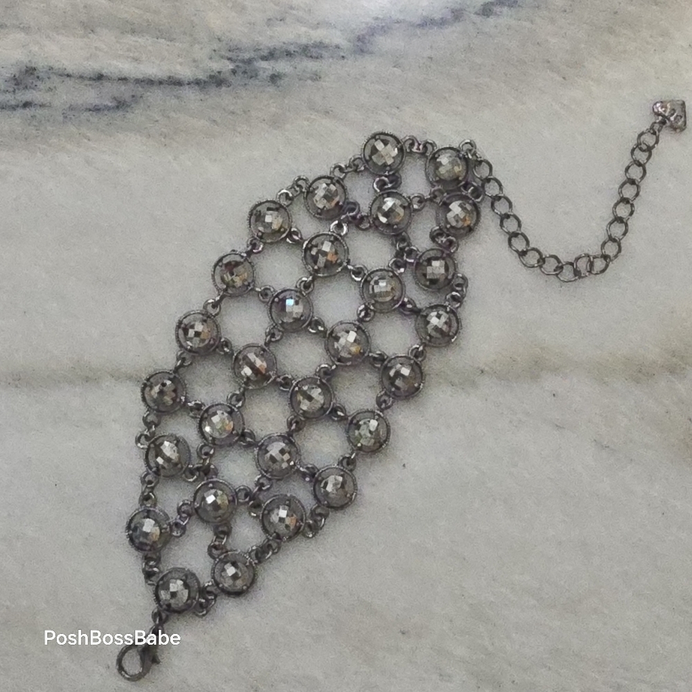 BLV Gunmetal Wide Bracelet with Faceted Gray Crystals – Adjustable